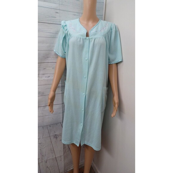 Jasmine Rose Robe Green Snap Dress Housecoat Sz M Waffle - Picture 1 of 7